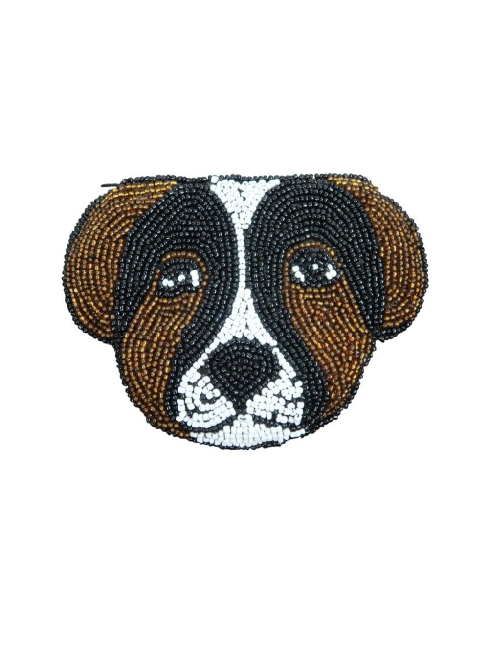 Beaded Dog Face Coin Purse Brown White Black Zip Closure Handmade